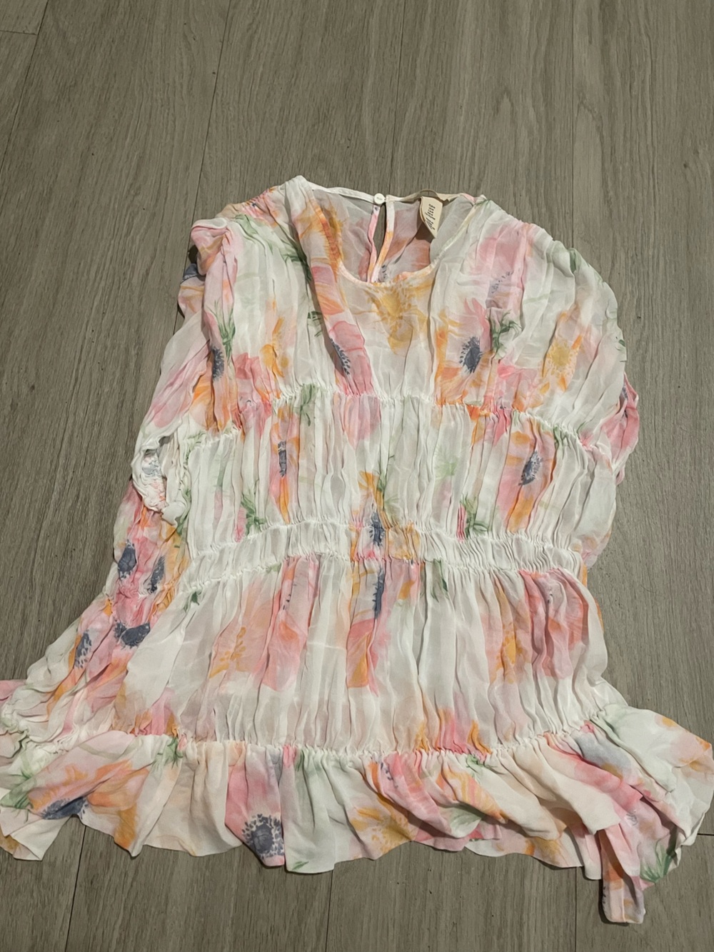 H&M White Floral Ruffle Blouse with Pastel Accents